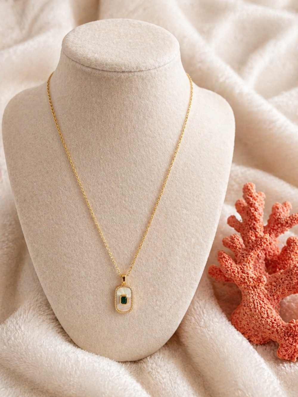 Gold Necklace with Green Stone Pendant by